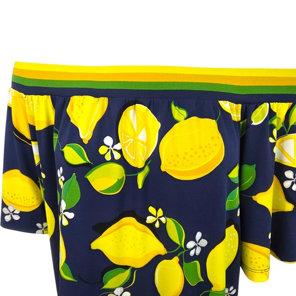 Trina Turk Kelso Lemon Print Off The Shoulder Dress NEW Womens Large Yellow Navy - Picture 6 of 11